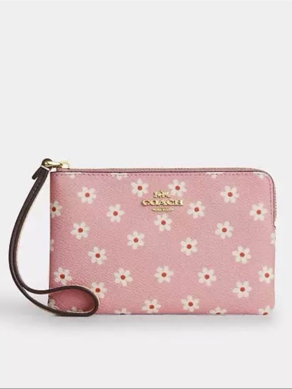 Coach Corner Zip Wristlet with Floral Print Gold/Pink Multi Smooth Leather NWT